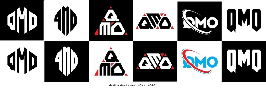 QMO letter logo design in six style. QMO polygon, circle, triangle, hexagon, flat and simple style with black and white color variation letter logo set in one artboard. QMO minimalist and classic logo