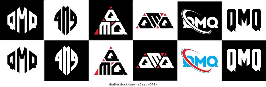 Projeto do logotipo da letra QMQ em estilo seis. Polígono QMQ, círculo, triângulo, hexágono, estilo simples e plano com logotipo de letra de variação de cor preto e branco definido em uma prancheta. Logotipo minimalista e clássico QMQ
