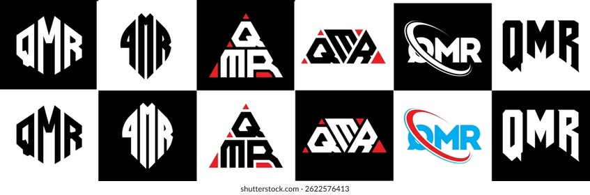 QMR letter logo design in six style. QMR polygon, circle, triangle, hexagon, flat and simple style with black and white color variation letter logo set in one artboard. QMR minimalist and classic logo