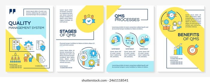 QMS benefits blue and yellow brochure template. Capa management. Leaflet design with linear icons. Editable 4 vector layouts for presentation, annual reports. Questrial, Lato-Regular fonts used