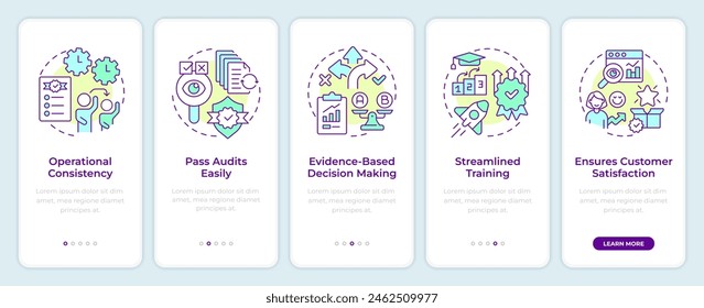 QMS benefits onboarding mobile app screen. Lean management. Walkthrough 5 steps editable graphic instructions with linear concepts. UI, UX, GUI template. Montserrat SemiBold, Regular fonts used