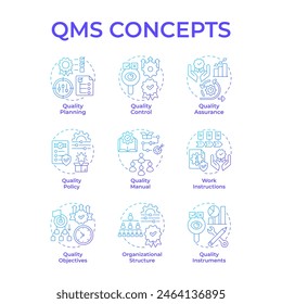 QMS blue gradient concept icons. Quality control, operational consistency. Business structure. Icon pack. Vector images. Round shape illustrations for infographic, presentation. Abstract idea