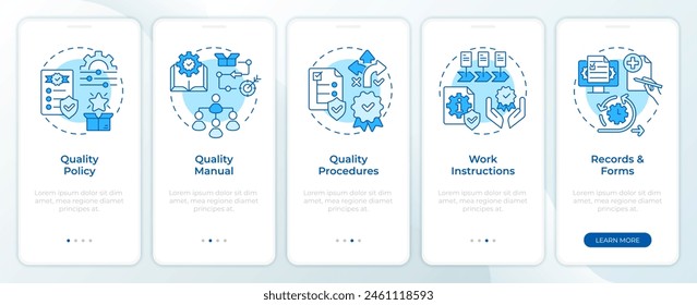 QMS documents blue onboarding mobile app screen. Walkthrough 5 steps editable graphic instructions with linear concepts. UI, UX, GUI template. Montserrat SemiBold, Regular fonts used