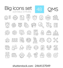 Conjunto de iconos lineales QMS. Mejora del rendimiento. Objetivos medibles, responsabilidad. Gestión Lean. Símbolos de línea fina personalizables. Ilustraciones de contorno de Vector aisladas. Trazo editable