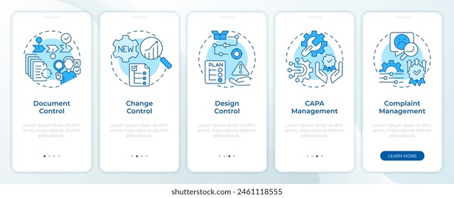 QMS organization blue onboarding mobile app screen. Walkthrough 5 steps editable graphic instructions with linear concepts. UI, UX, GUI template. Montserrat SemiBold, Regular fonts used