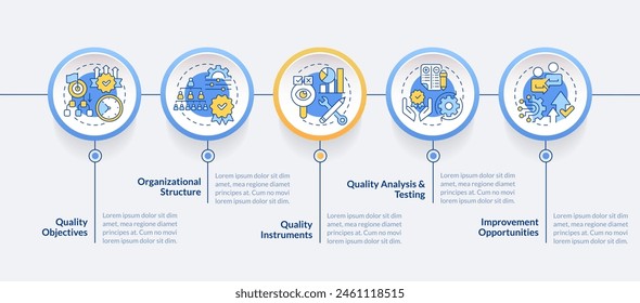 Los Elementos de la organización QMS rodean la Plantilla infográfica. Visualización de datos con 5 pasos. Gráfico de información de línea de tiempo editable. Diseño de flujo de trabajo con iconos de línea. Lato-Bold, Fuentes regulares utilizadas