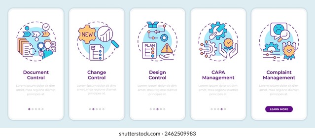 Procesos QMS en la pantalla del App móvil. Control del documento. Tutorial 5 pasos: instrucciones gráficas editables con conceptos lineales. UI, UX, Plantilla GUI. Montserrat SemiBold, Fuentes regulares utilizadas