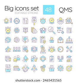 QMS RGB color icons set. Quality management, smart goals. Organizational structure, performance improvement. Isolated vector illustrations. Simple filled line drawings collection. Editable stroke