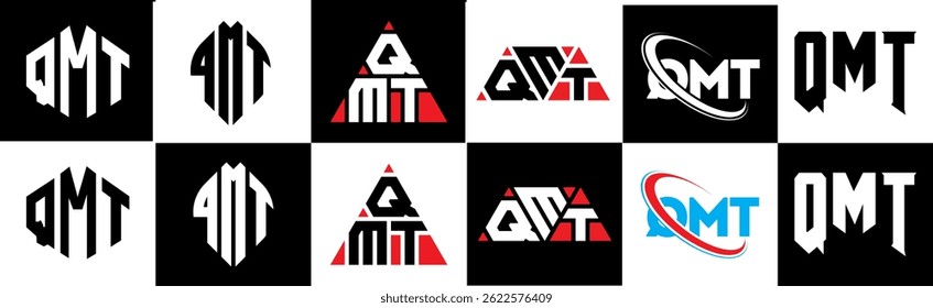 QMT letter logo design in six style. QMT polygon, circle, triangle, hexagon, flat and simple style with black and white color variation letter logo set in one artboard. QMT minimalist and classic logo