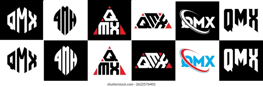 QMX letter logo design in six style. QMX polygon, circle, triangle, hexagon, flat and simple style with black and white color variation letter logo set in one artboard. QMX minimalist and classic logo