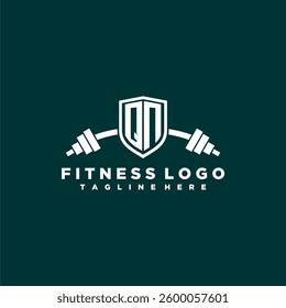 QN initial monogram for fitnes or gym logo with creative shield and barbell design