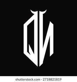 QN-Logo-Monogramm mit Hornform, einzelne schwarz-weiße Designvorlage auf schwarzem Hintergrund