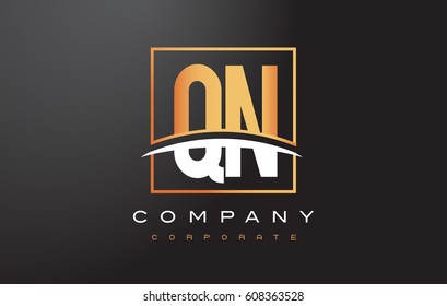 QN Q N Golden Letter Logo Design with Swoosh and Rectangle Square Box Vector Design.