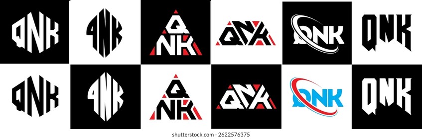 QNK letter logo design in six style. QNK polygon, circle, triangle, hexagon, flat and simple style with black and white color variation letter logo set in one artboard. QNK minimalist and classic logo