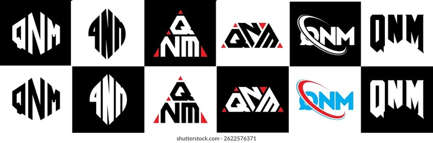 QNM letter logo design in six style. QNM polygon, circle, triangle, hexagon, flat and simple style with black and white color variation letter logo set in one artboard. QNM minimalist and classic logo