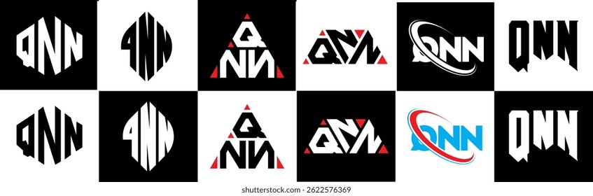 QNN letter logo design in six style. QNN polygon, circle, triangle, hexagon, flat and simple style with black and white color variation letter logo set in one artboard. QNN minimalist and classic logo