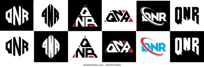 QNR letter logo design in six style. QNR polygon, circle, triangle, hexagon, flat and simple style with black and white color variation letter logo set in one artboard. QNR minimalist and classic logo