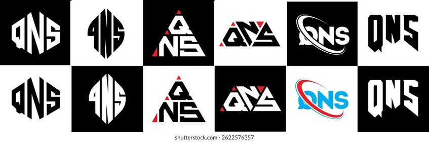 QNS letter logo design in six style. QNS polygon, circle, triangle, hexagon, flat and simple style with black and white color variation letter logo set in one artboard. QNS minimalist and classic logo