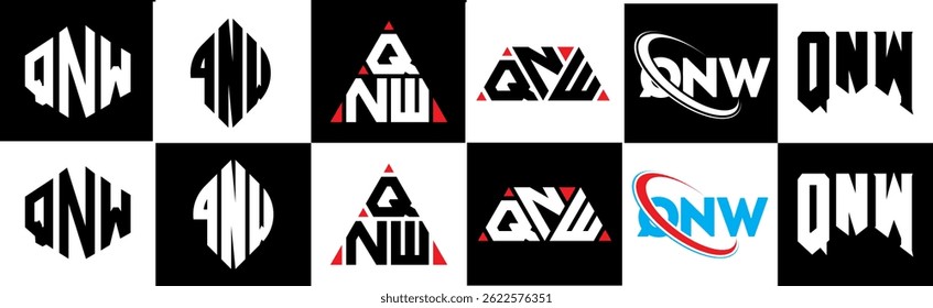 QNW letter logo design in six style. QNW polygon, circle, triangle, hexagon, flat and simple style with black and white color variation letter logo set in one artboard. QNW minimalist and classic logo