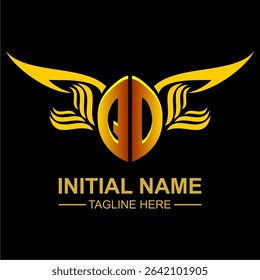 QO Golden Wing Emblem Logo with elegant gold wings, sleek and modern design. Ideal for branding, creative projects, luxury businesses, or artistic ventures.