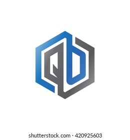 QO initial letters looping linked hexagon logo black gray blue
