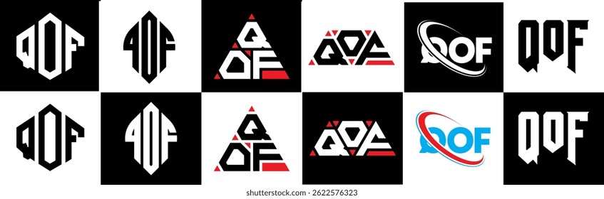 QOF letter logo design in six style. QOF polygon, circle, triangle, hexagon, flat and simple style with black and white color variation letter logo set in one artboard. QOF minimalist and classic logo