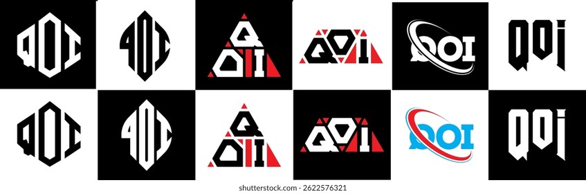 Projeto do logotipo da letra QOI em seis estilos. Polígono QOI, círculo, triângulo, hexágono, estilo simples e plano com logotipo de letra de variação de cor preto e branco definido em uma prancheta. Logotipo minimalista e clássico de QOI