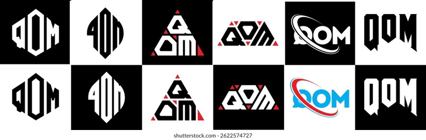 QOM letter logo design in six style. QOM polygon, circle, triangle, hexagon, flat and simple style with black and white color variation letter logo set in one artboard. QOM minimalist and classic logo