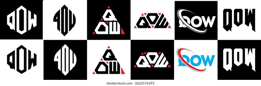 QOW letter logo design in six style. QOW polygon, circle, triangle, hexagon, flat and simple style with black and white color variation letter logo set in one artboard. QOW minimalist and classic logo