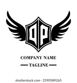 QP bold shield logo with wings, customizable with letters A to Z. Perfect for brands seeking a powerful symbol of strength, freedom, and ambition