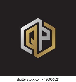 QP initial letters looping linked hexagon elegant logo golden silver black background