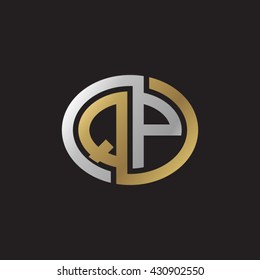 QP initial letters looping linked ellipse elegant logo golden silver black background