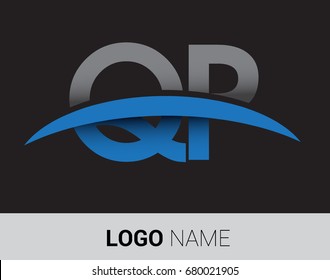 QP initial logo company name colored grey and blue swoosh design.
