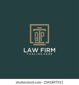 Logo del monograma inicial QP para la firma de abogados con diseño de hitos en cuadrado creativo