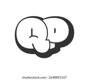 QP logo, bubble comic lettering, rounded in graffiti style black and white silhouette. Trendy preschool Q and P letter text for festival party, personal initials, children funky print and web.