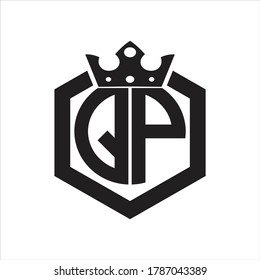 QP Logo monogram rounded by hexagon shape with crown design template on white background