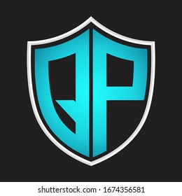 QP Logo monogram with shield shape isolated blue colors on outline design template