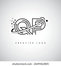 Logotipo de Monograma de Órbita QP - Marca de Letra Mínima Futurista com Linha de Arte Circular, Pontos Inspirados na Tecnologia e Conceito de Movimento Espacial para Identidade de Marca Moderna