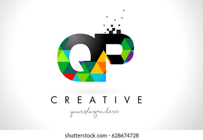 QP Q P Letter Logo with Colorful Vivid Triangles Texture Design Vector Illustration.