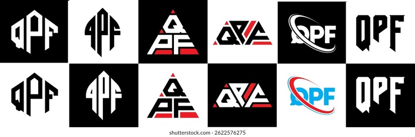 QPF letter logo design in six style. QPF polygon, circle, triangle, hexagon, flat and simple style with black and white color variation letter logo set in one artboard. QPF minimalist and classic logo