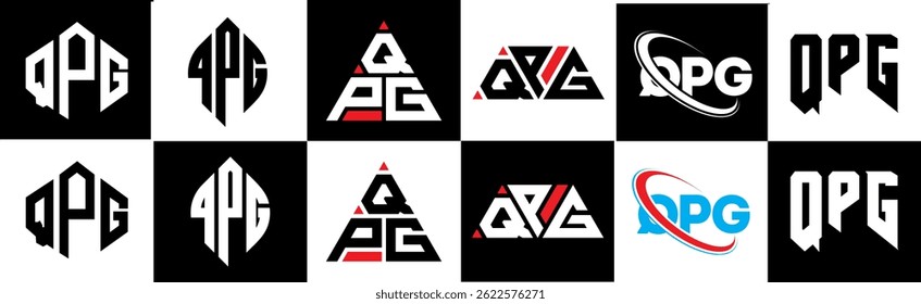 Projeto do logotipo da letra QPG em seis estilo. Polígono QPG, círculo, triângulo, hexágono, estilo simples e plano com logotipo de letra de variação de cor preto e branco definido em uma prancheta. Logotipo minimalista e clássico do QPG