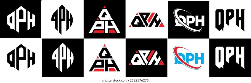 QPH letter logo design in six style. QPH polygon, circle, triangle, hexagon, flat and simple style with black and white color variation letter logo set in one artboard. QPH minimalist and classic logo
