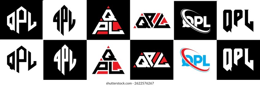QPL letter logo design in six style. QPL polygon, circle, triangle, hexagon, flat and simple style with black and white color variation letter logo set in one artboard. QPL minimalist and classic logo