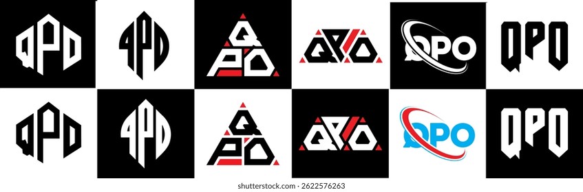 QPO letter logo design in six style. QPO polygon, circle, triangle, hexagon, flat and simple style with black and white color variation letter logo set in one artboard. QPO minimalist and classic logo