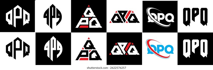 QPQ letter logo design in six style. QPQ polygon, circle, triangle, hexagon, flat and simple style with black and white color variation letter logo set in one artboard. QPQ minimalist and classic logo