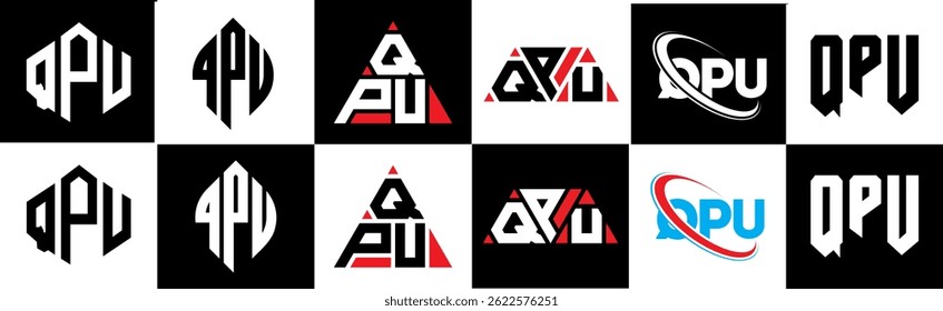 QPU letter logo design in six style. QPU polygon, circle, triangle, hexagon, flat and simple style with black and white color variation letter logo set in one artboard. QPU minimalist and classic logo