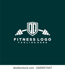 QQ initial monogram for fitnes or gym logo with creative shield and barbell design