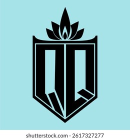 QQ Logo featuring a minimalist design with a crown-like flower symbol on top, bold black elements, and a soft blue background, perfect for branding and modern visual identity.