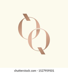QQ monogram.Typographic logo with intertwined lines.Letter q.Lettering icon in rose gold color isolated on light background.Alphabet initials sign.Luxury character shapes for beauty, style, fashion.