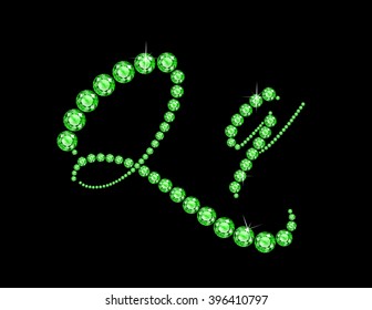 Qq in stunning Peridot Script precious round jewels, isolated on black. Vector EPS-10 file, transparency used. 